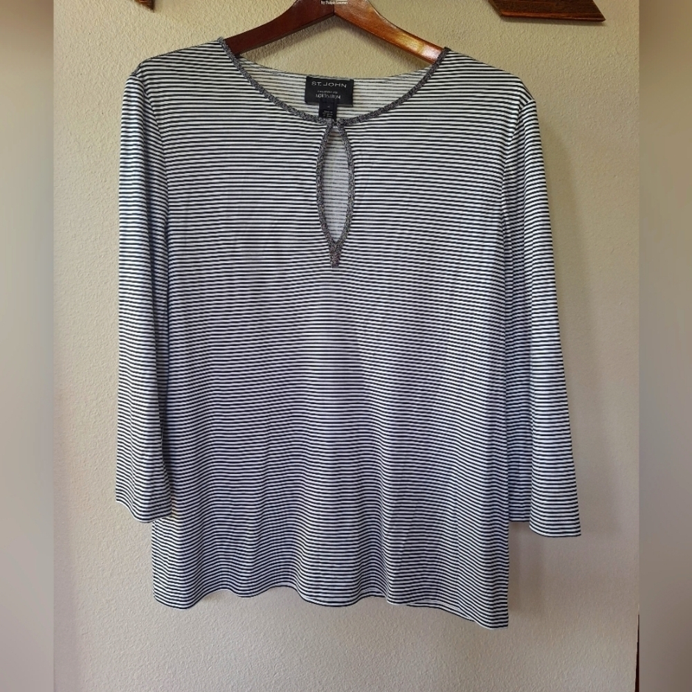 St. John For Nordstrom Black/White 3/4 Sleeve Striped Top Womens Size M